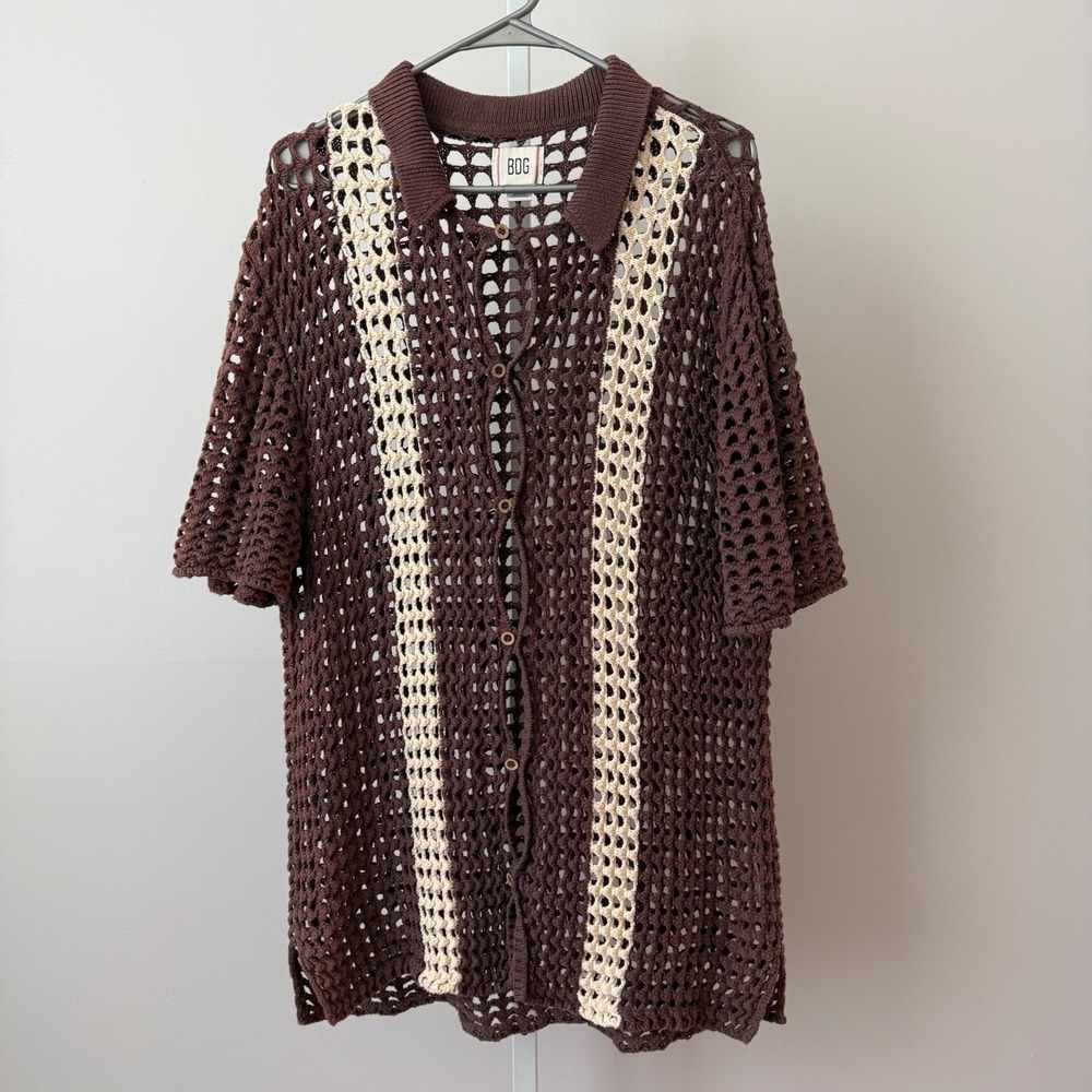 BDG Cotton Boho Beachy Relaxed Crochet Open Knit Button Polo Large Brown